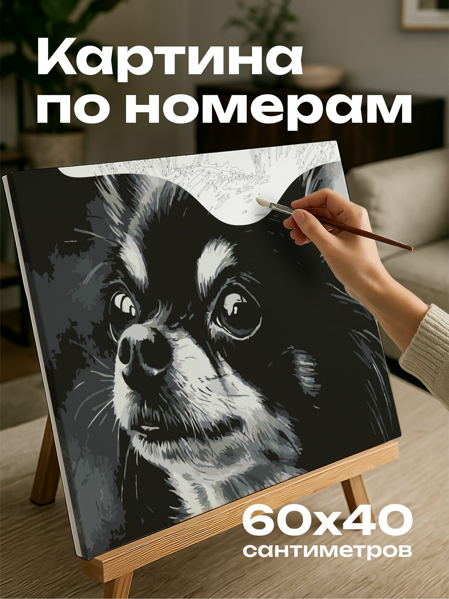 Картина по номерам 60x40 см, чихуахуа, уголь, рисунок, сила, выносливость, могучая собака, текстуры, растушевка, вызов