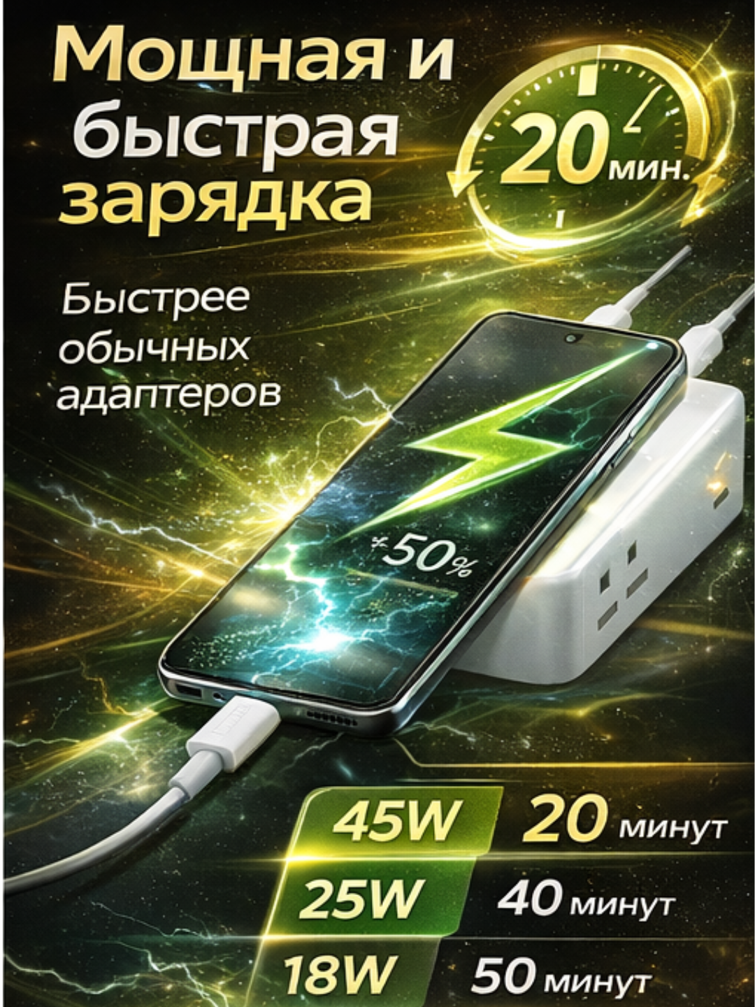Адаптер питания 45 Вт , быстрое зарядное устройство, с кабелем, Type-C 5A — фото 1