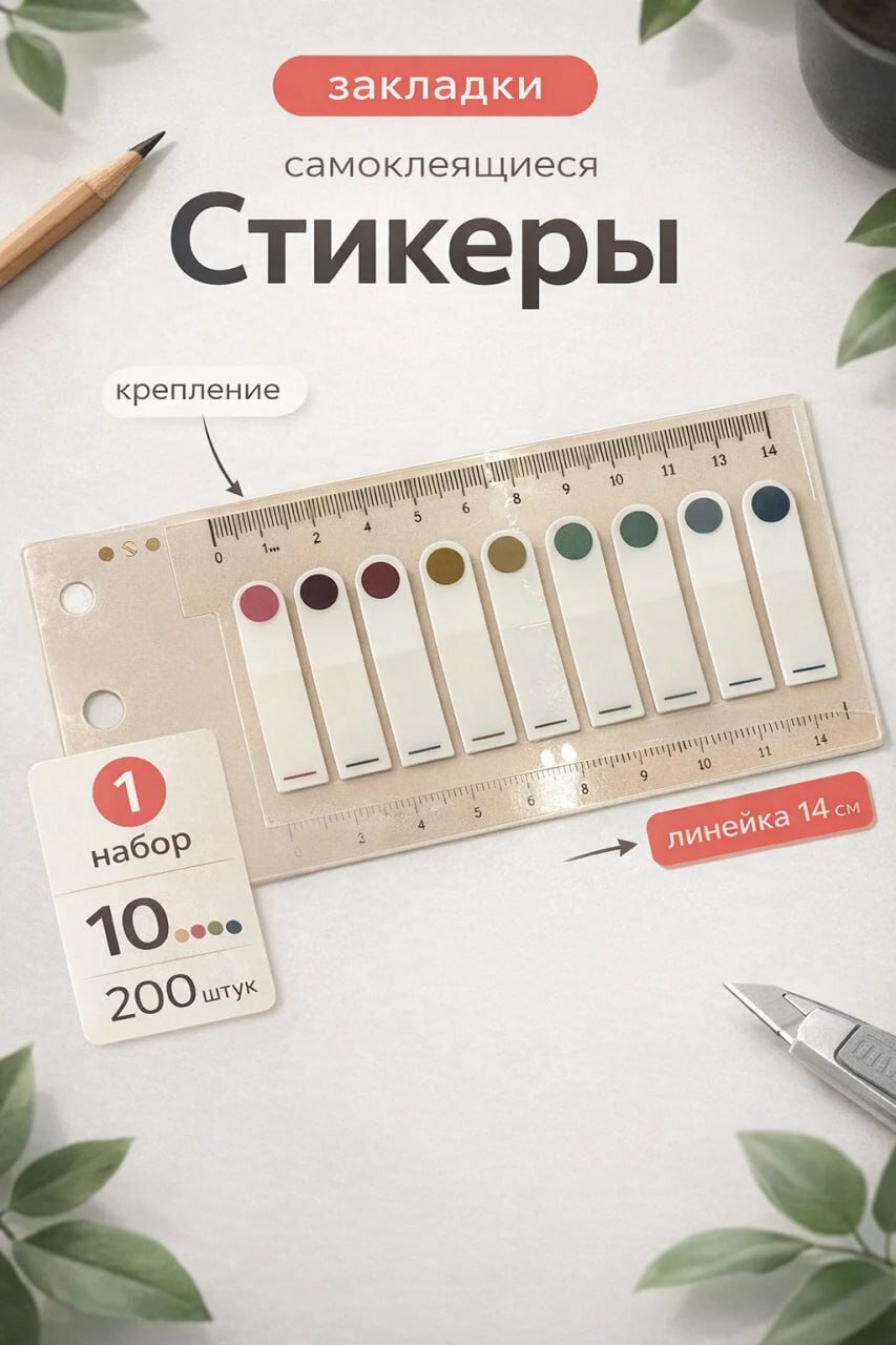 Самоклеящиеся закладки-стикеры (10 цветов, 200 штук, линейка 14 см)