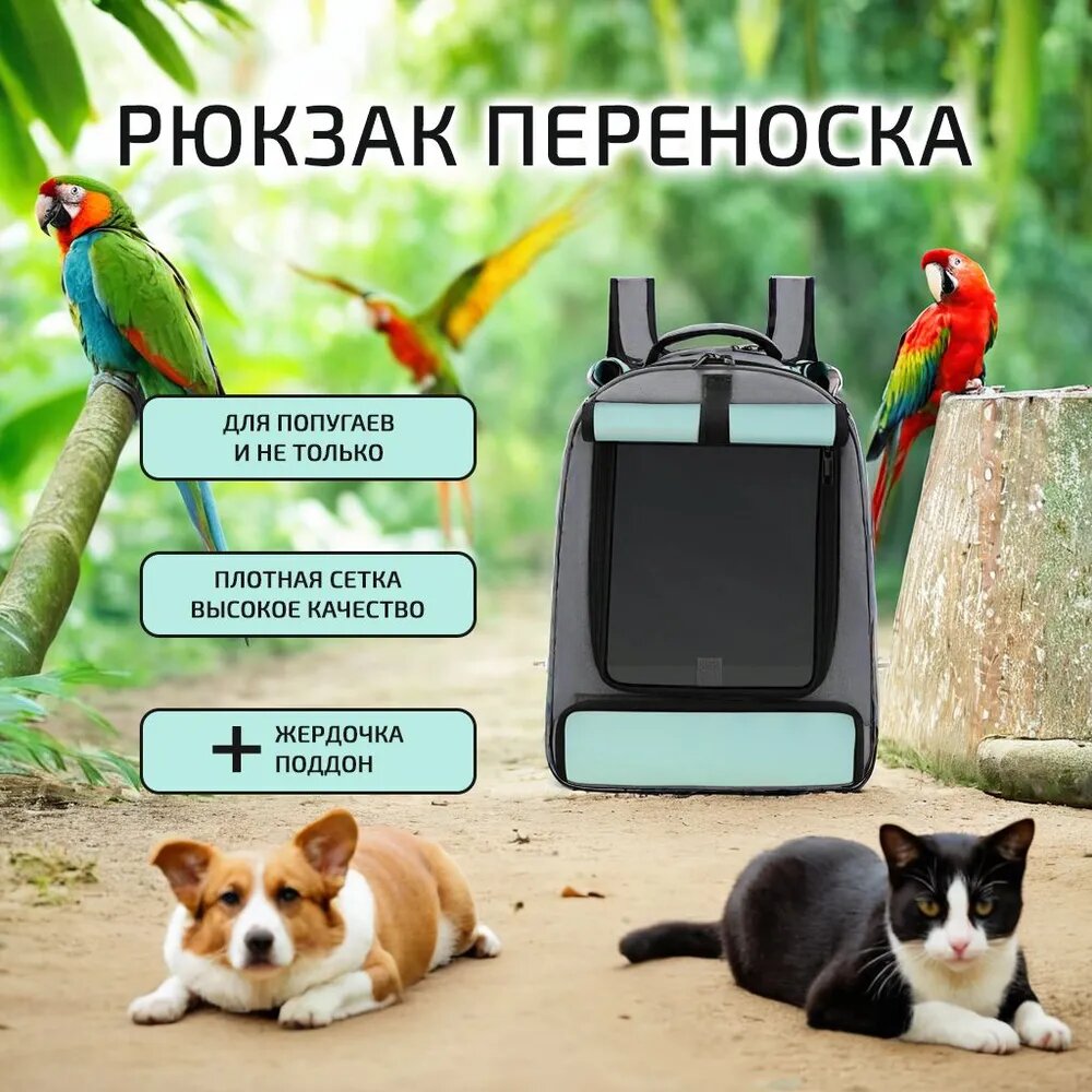 Рюкзак переноска для больших и маленьких птиц, попугаев, кошек, собак + жердочка + съемный поддон