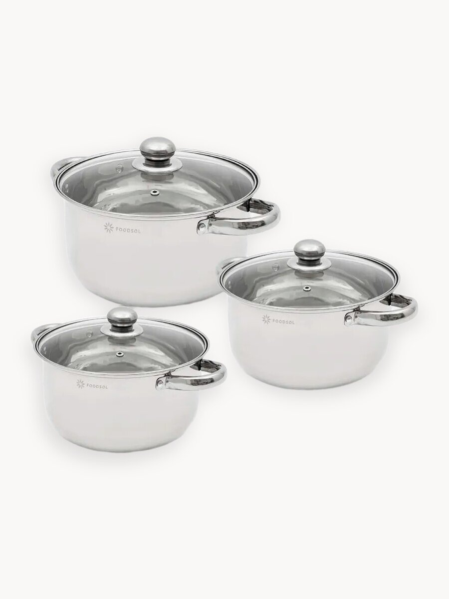 Набор кастрюль со стеклянными крышками стальные 3 шт