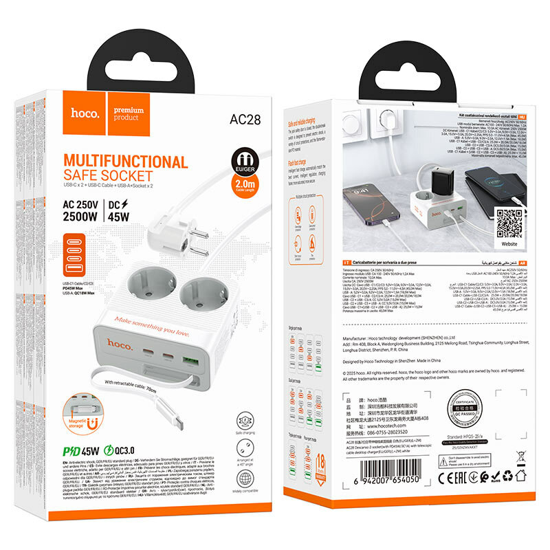 Удлинитель сетевой “AC28 Descanso” PD45W 4 порта + 2 розетки EU