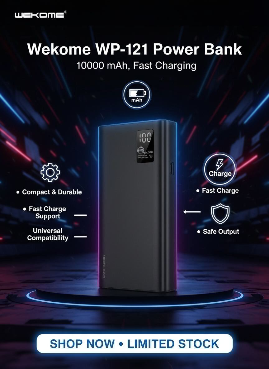 Аккумулятор Wekome WP-121, 10000 mAh, внешний, черный, быстрая зарядка