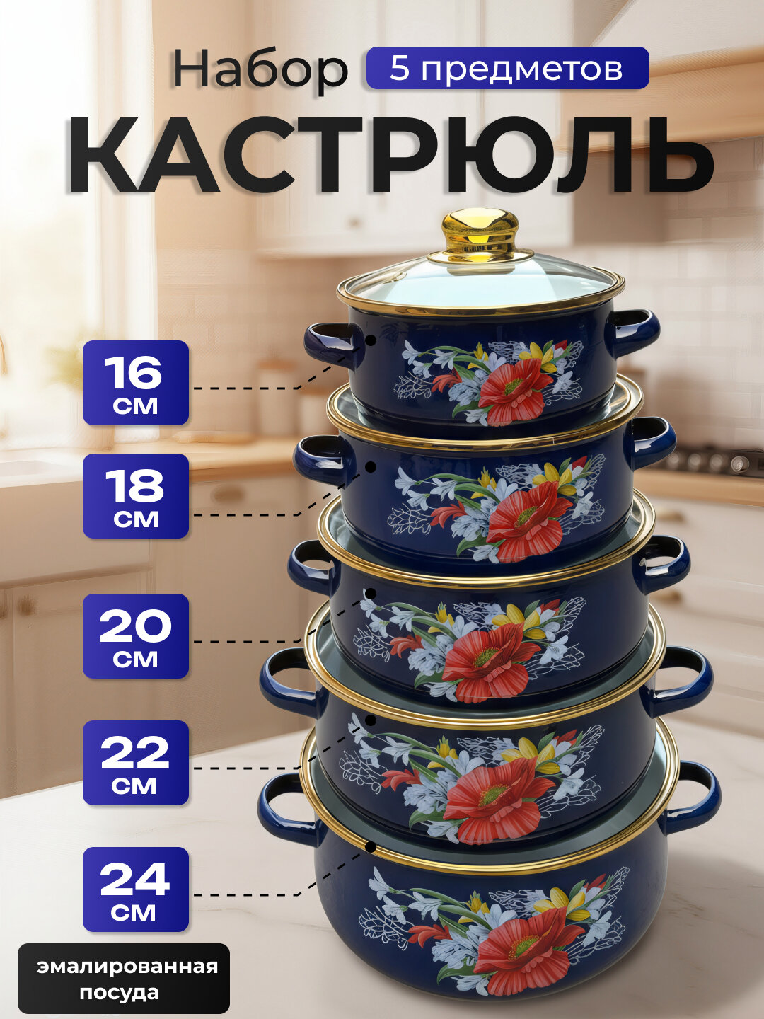 Набор эмалированных кастрюль со стеклянной крышкой из 5 предметов эмалированная посуда