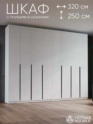 Изображение товара Шкаф для одежды распашной с антресолью и ручками 320*250*50 см, Белый, с полками и штангами