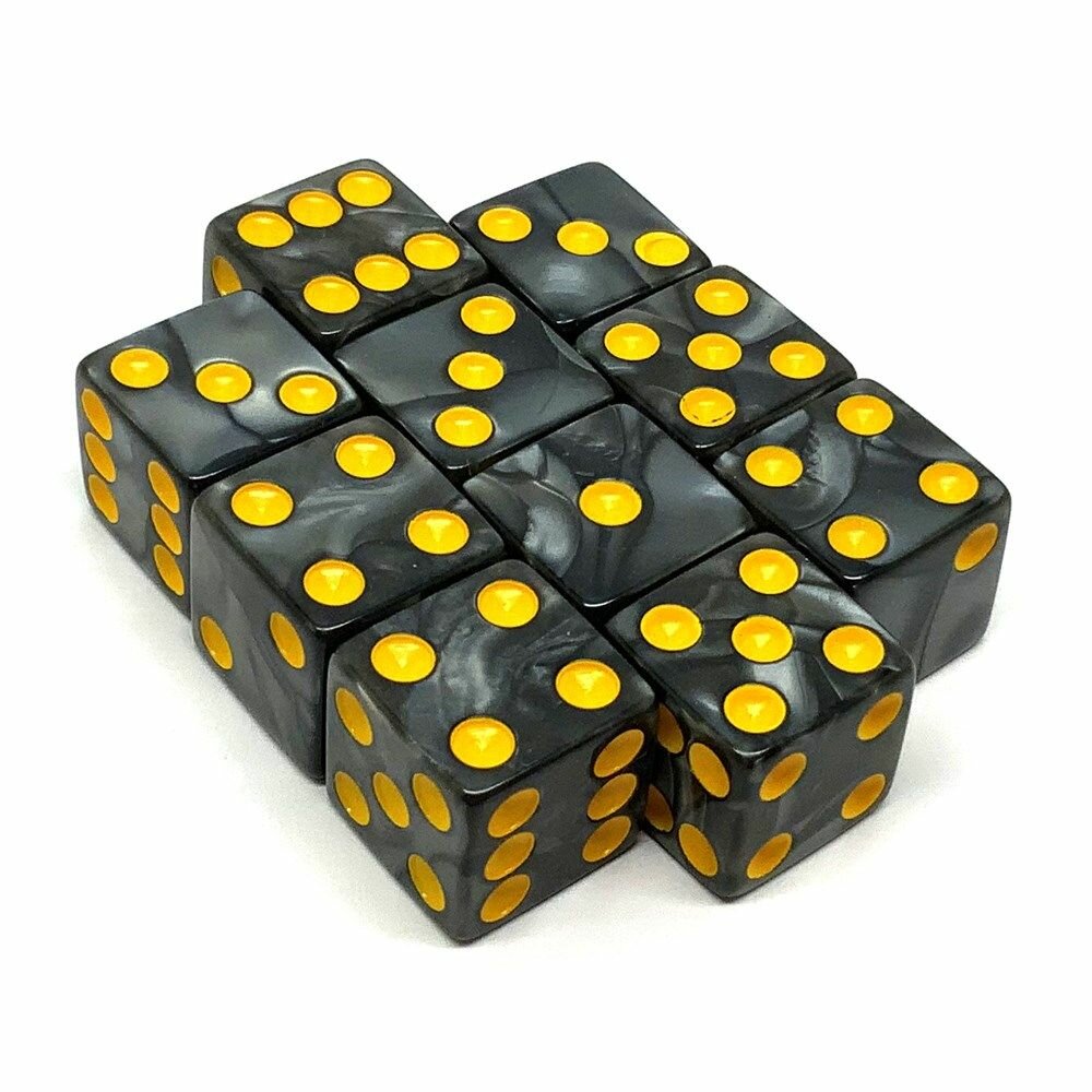 Набор игральных кубиков D6 мраморные Черные 16мм с ровными углами (10 шт.)