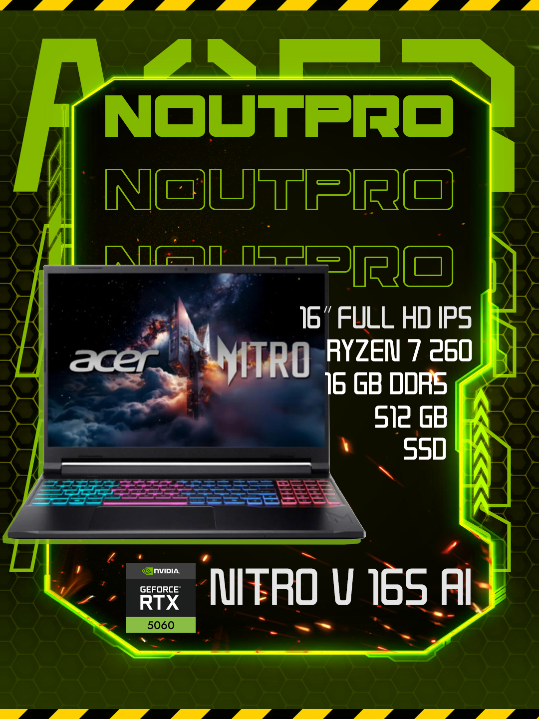 Ноутбук Acer Nitro V 16S AI, Ryzen 7 260,16.0 FHD IPS 180Hz, RTX 5060/8GB RAM 16GB DDR5/512GB