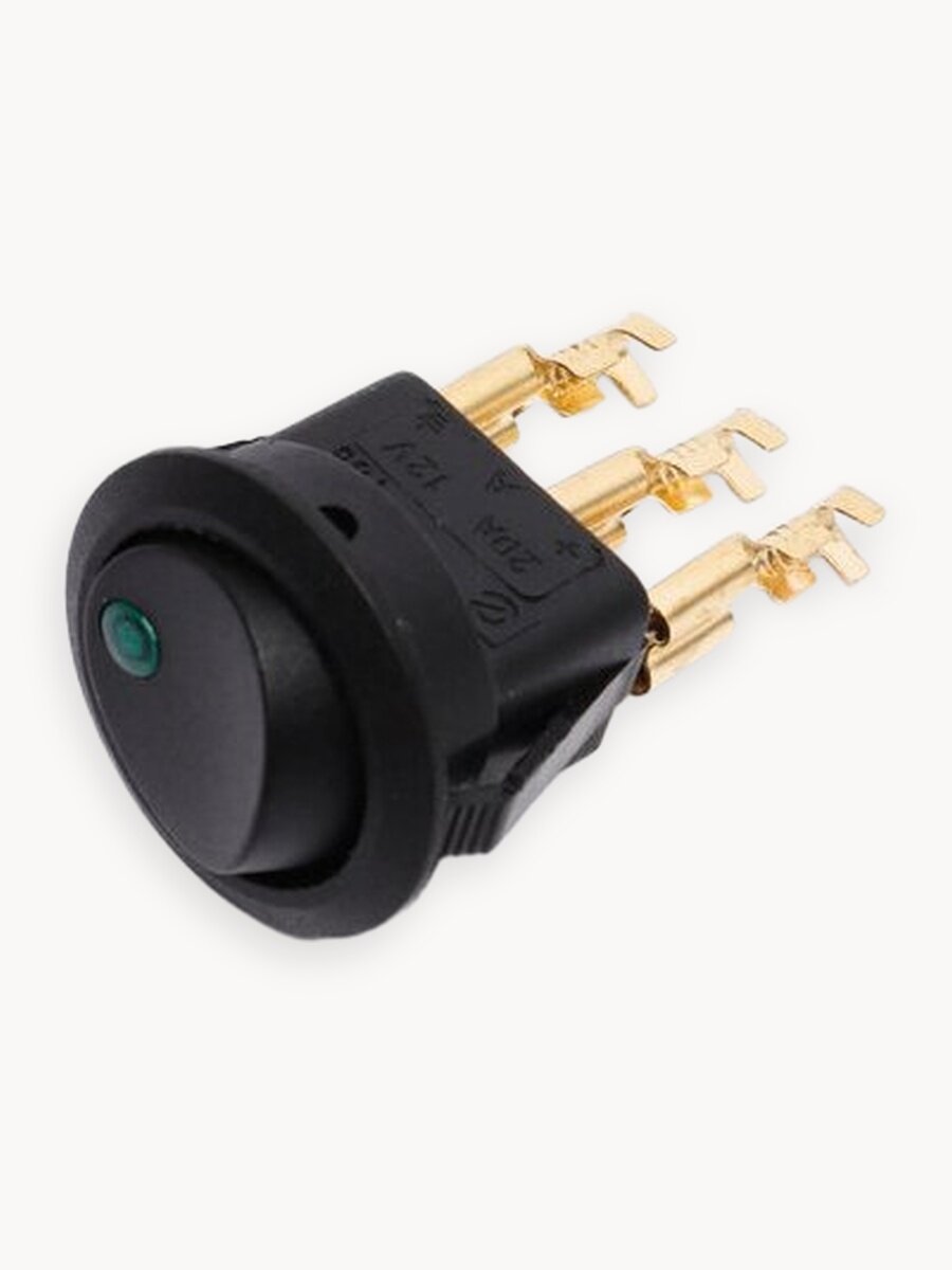 Выключатель клавишный круглый 12V 16А (3с) ON-OFF черный с зеленой подсветкой + 3 клеммы