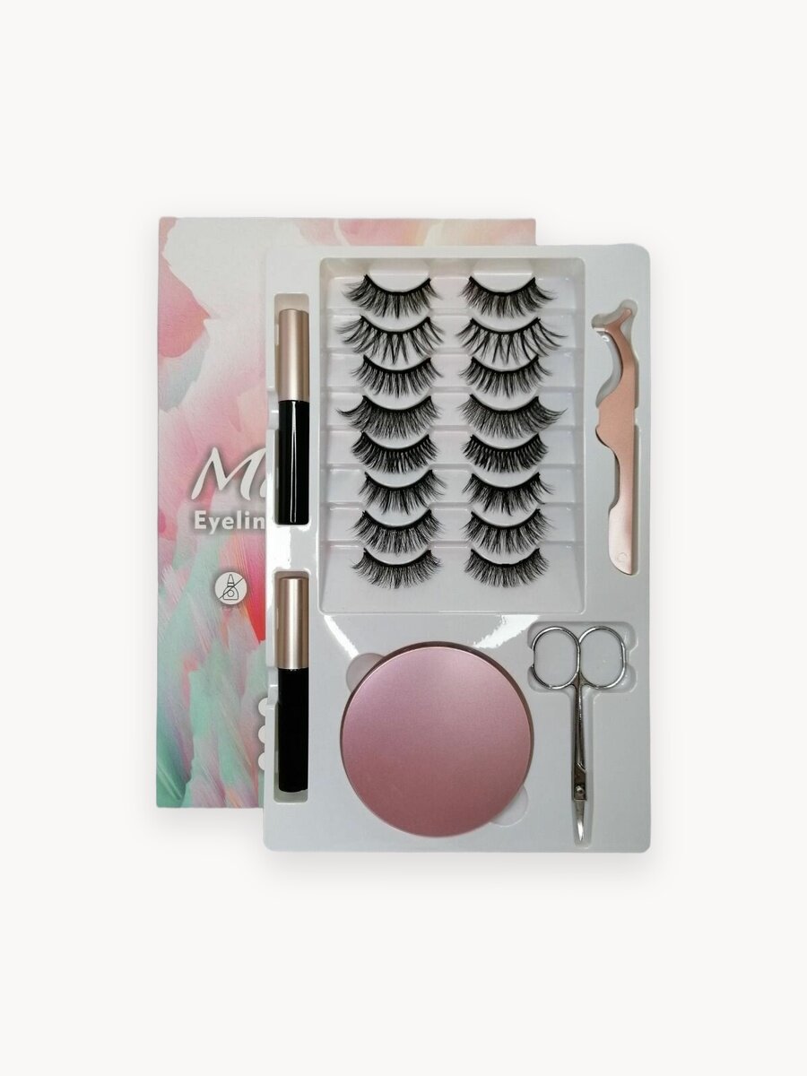 Магнитные ресницы, набор накладных ресниц 10 пар с подводкой, пинцетом, пудреницей