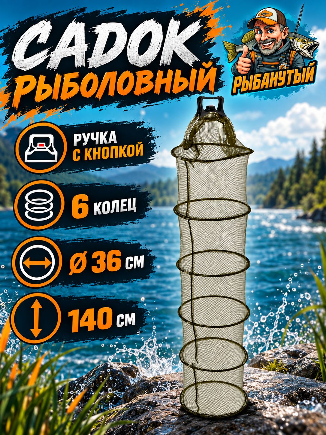 Cадок для рыбалки с ручкой складной 140 см, диаметр 36 см (Рыбанутый)