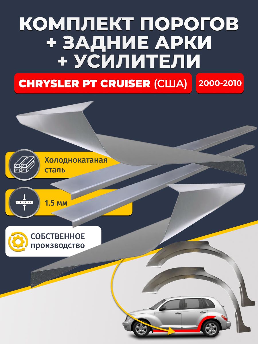 Комплект ремонтных задних арок(0,8 мм) и стандартных порогов(1,5 мм) + усилители (1,5 мм.) на Chrysler PT Cruiser США 2000-2010 (ПТ Круизер). Материал холоднокатаная сталь.