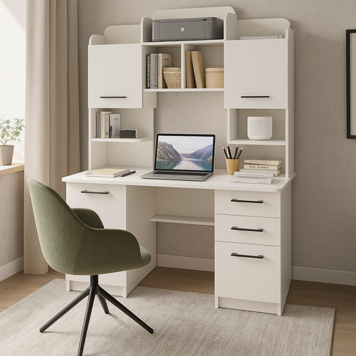 Изображение товара Стол компьютерный/письменный с надстройкой, полкой под принтер, тумбой с ящиками "МК Пирамида" СК-09 белый, 182х140х60см