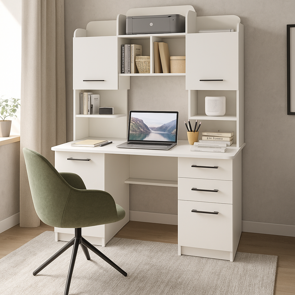 Стол компьютерный/письменный с надстройкой полкой под принтер тумбой с ящиками "МК Пирамида" СК-09 белый 182х140х60см