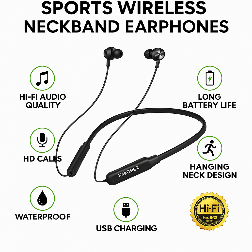 Наушники kakusiga sports wireless neckband, Hi-Fi звук, с шейным ободом, черные