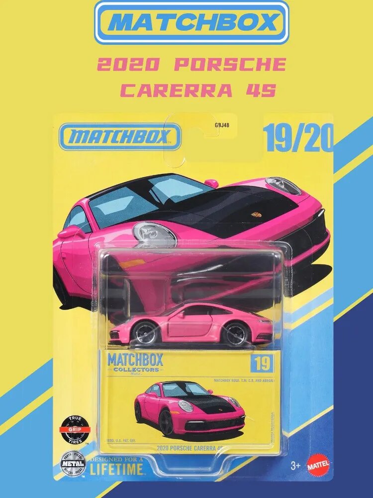Машинка Matchbox 2020 Porsche Carrera 4S, масштаб 1:64, розовый цвет, металлический корпус, инерционный механизм