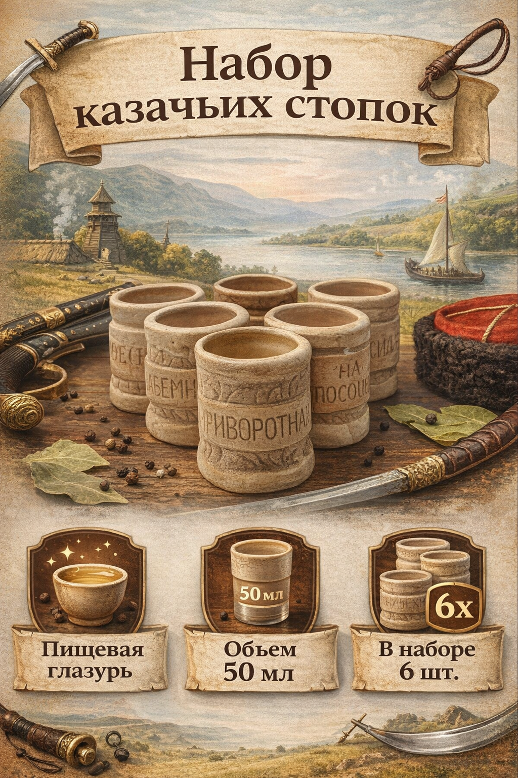 Набор казачьих стопок. Из высококачественного гипса ручной работы 6шт