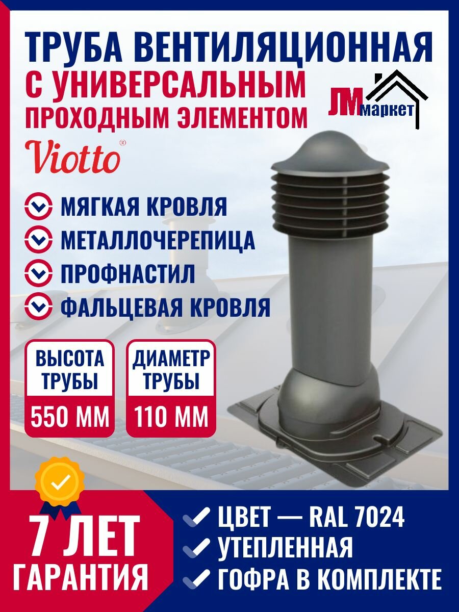 Труба вентиляционная утепленная, Viotto, 110/550 мм, комплект вентиляции с универсальным проходным элементом, RAL 7024.