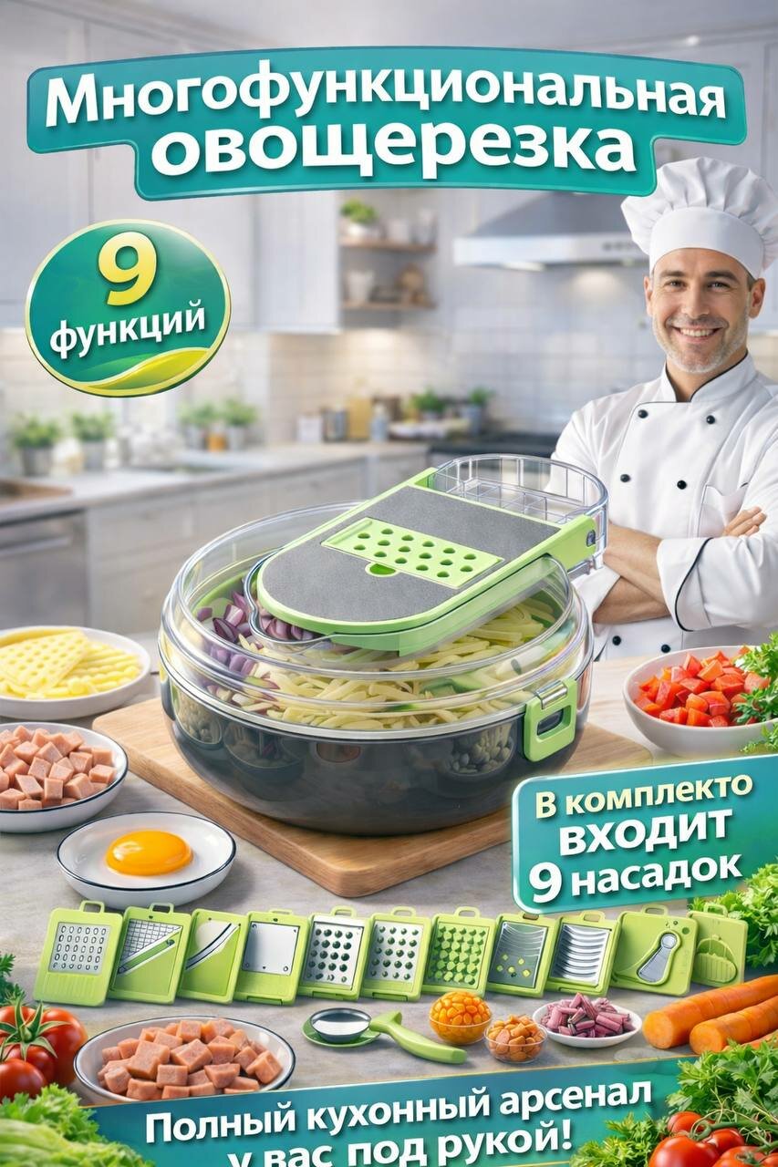 Многофункциональная кухонная овощерезка ручная с контейнером и набором предметов 9 в 1