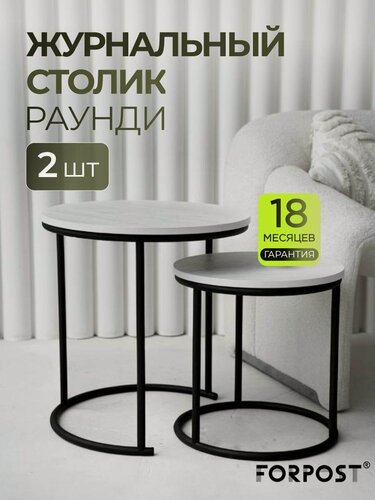 Изображение товара Журнальный столик круглый, бетон светлый/черный, комплект 2 штуки