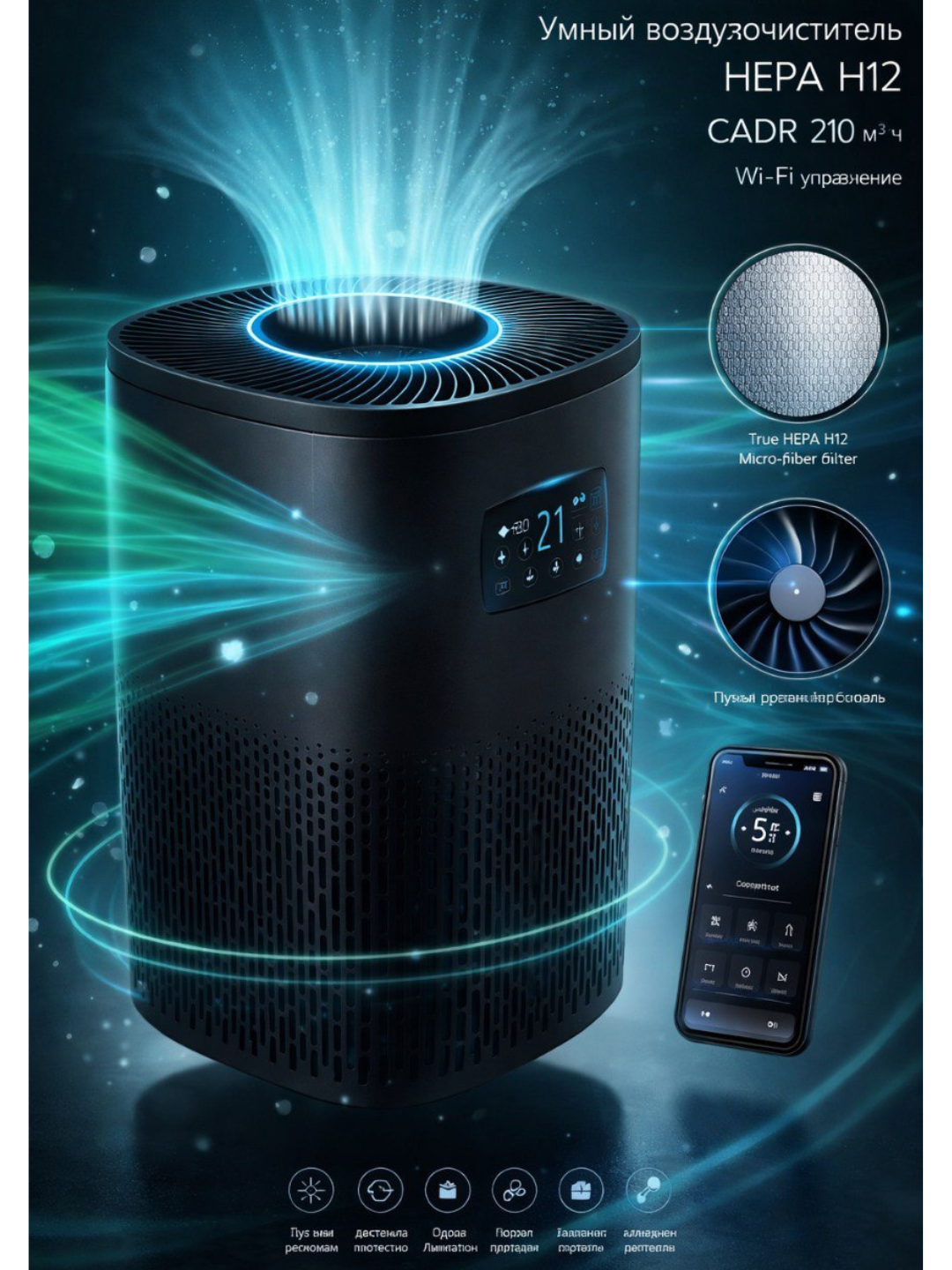 Очиститель воздуха "NovAir Smart HEPA", Wi-Fi управление, увлажнение, 210м³/ч