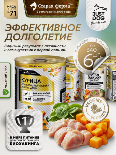 Изображение товара Влажный корм для собак Just Dog Holistic, с курицей, тыквой, морковью и шпинатом (консервы) 340 г х 6 шт