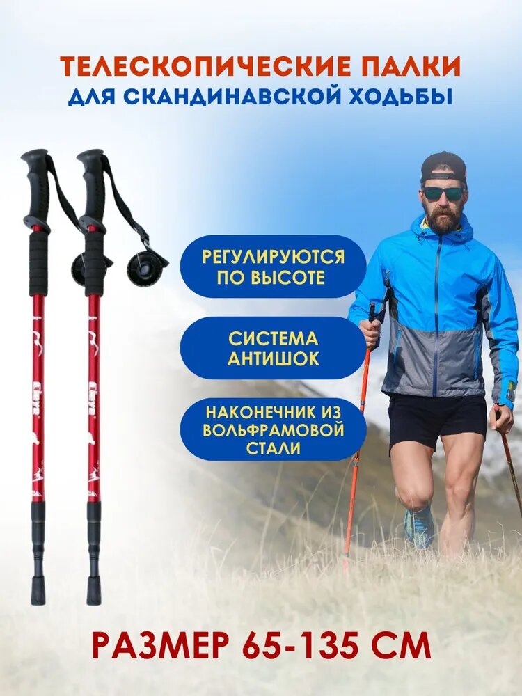 Палки для скандинавской ходьбы телескопические 65-135 см, красные