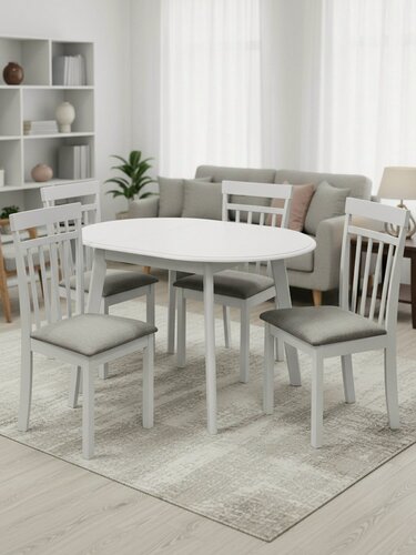 Изображение товара Обеденная группа Классика RH 7180-1EXT: раскладной овальный стол 90х90-120 см и 4 стула с мягким сиденьем, серый цвет