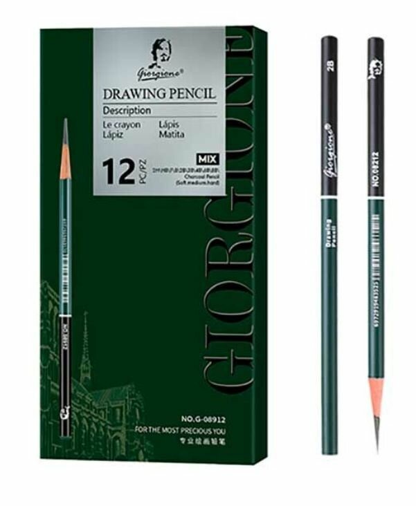 Набор карандашей giorgione чернографитовые 12 шт, круглые, 2Н, НВ, F, 2В, 3В, 4В, 6В, 8В, sort, medium, hard (DJ-28)