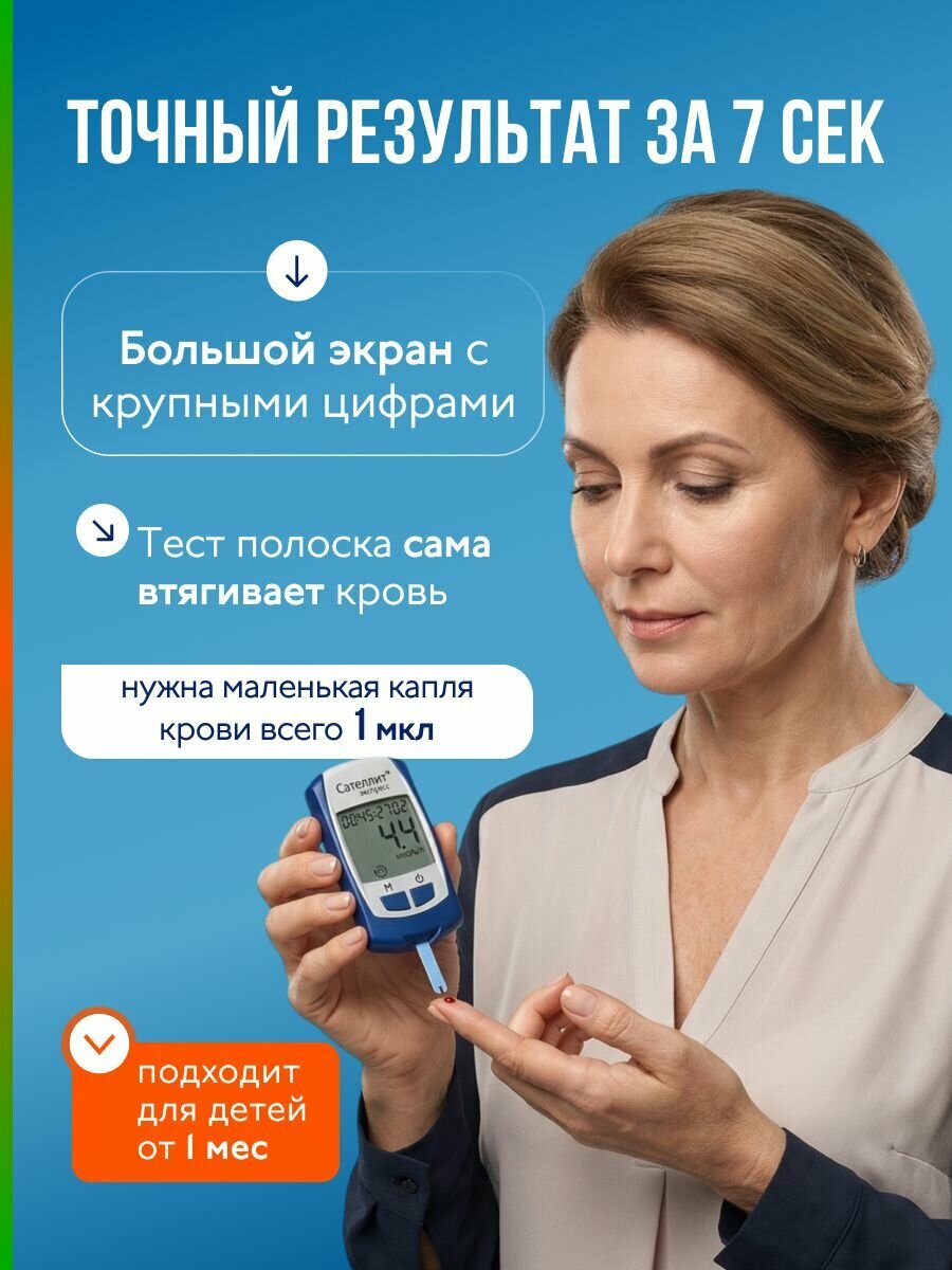Глюкометр Сателлит Экспресс, комплект: прибор + тест-полоски 25 шт + ручка-прокалыватель + ланцеты 25 шт, 2 набора — фото 1