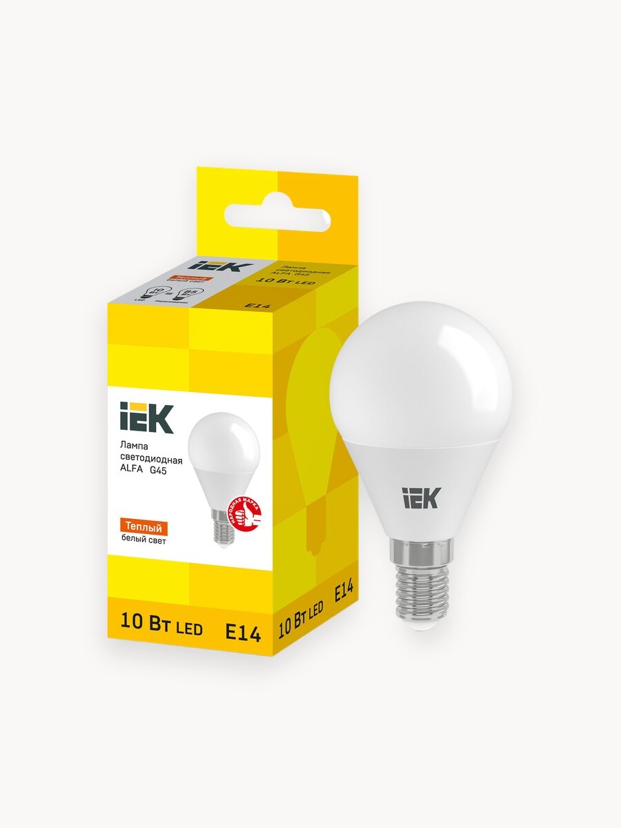 Лампочка IEK светодиодная ALFA G45 шар 10Вт 230В 3000К E14, 900лм, A+, белый свет