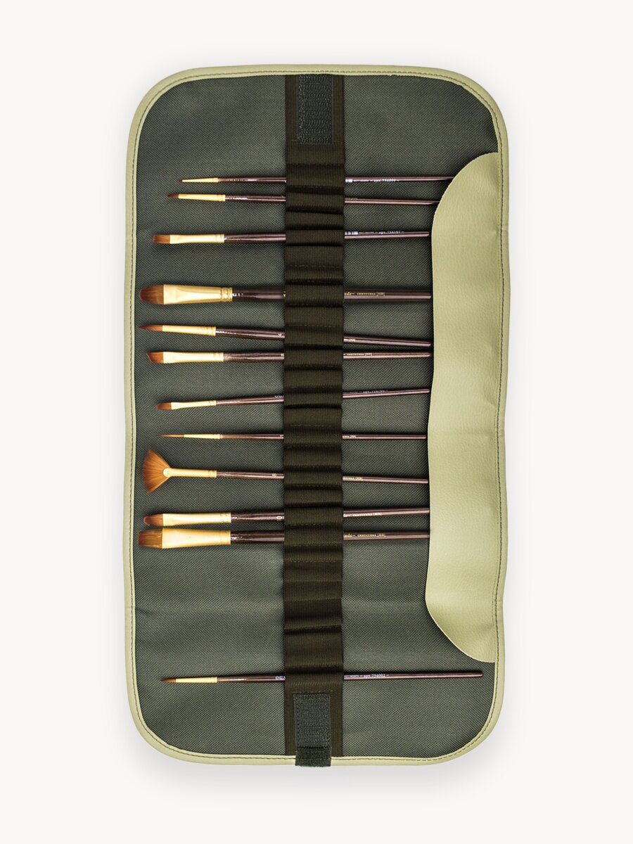 Набор кистей Claude в пенале-скрутке, Малевичъ, оливковый, 12 шт.