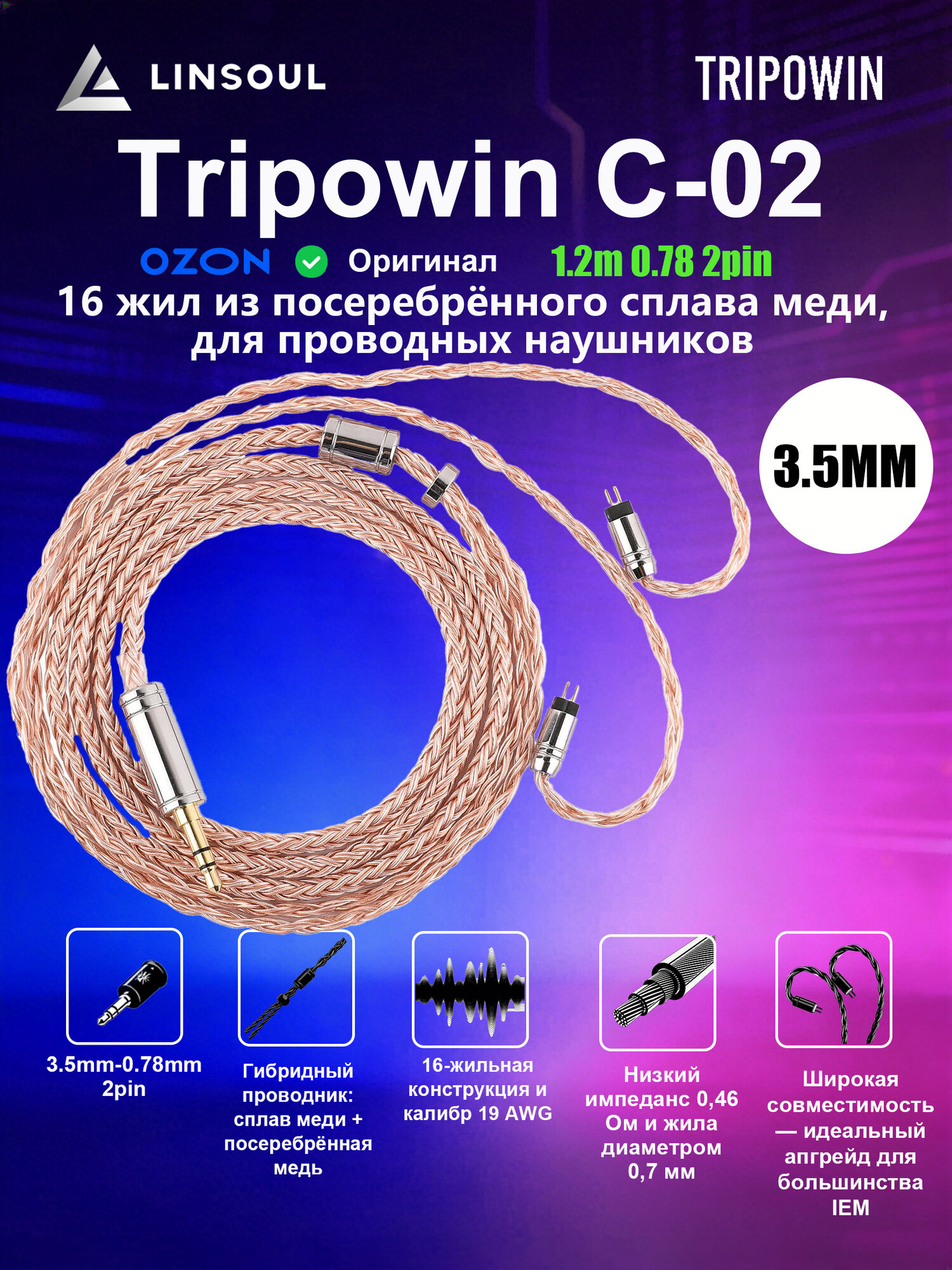 Сменный Hi-Fi кабель для IEM Tripowin C-02: 16 жил из посеребрённого сплава меди, для проводных наушников