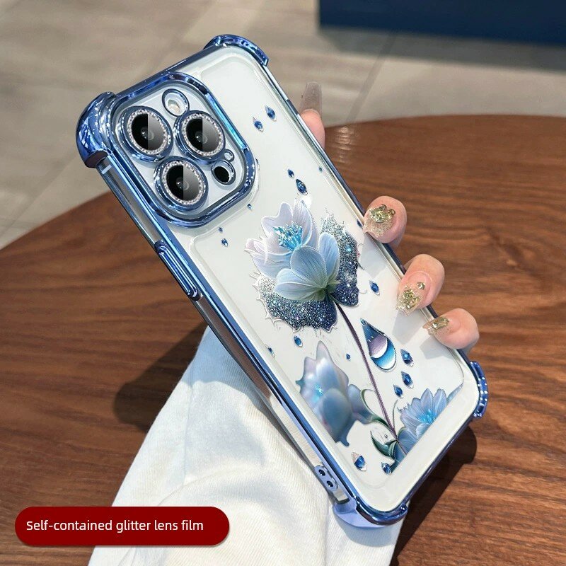 Чехол для iPhone 11 Pro Max глубокосиний с синим цветочным узором, блестящая пленка для объектива и пылезащитная сетка