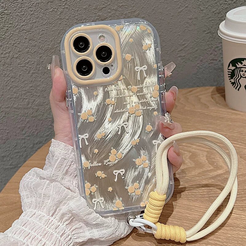 IPhone 17 Air Желтый цветочный узор кремовая шифоновая чехол с браслетом
