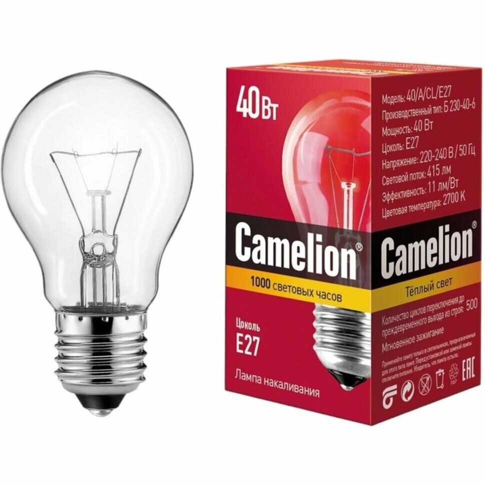 Лампа накаливания Camelion 40/A/CL/E27 40Вт Е27 гр, 1505603