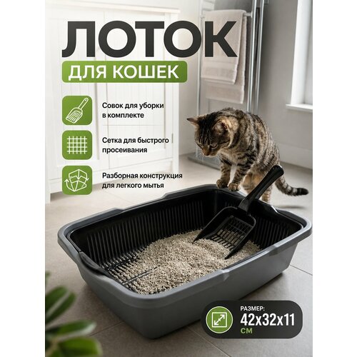 фото Лоток кошачий большой с сеткой и совком, 42х32х11 см, черно-серебристый ddstyle