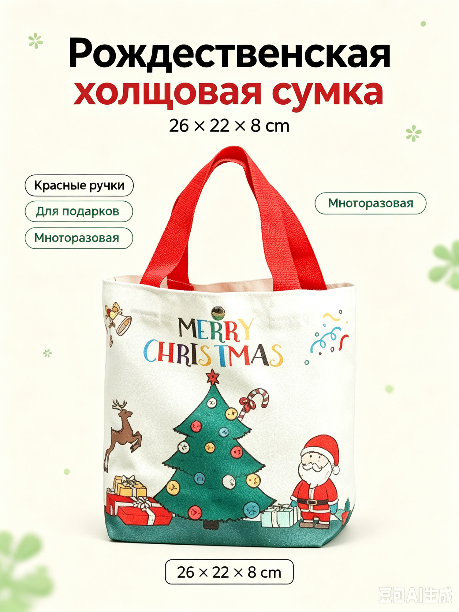 Холщовая сумка-шоппер Рождество 26×22×8 см, ручки красные, упаковка подарков на Новый год – для яблок,