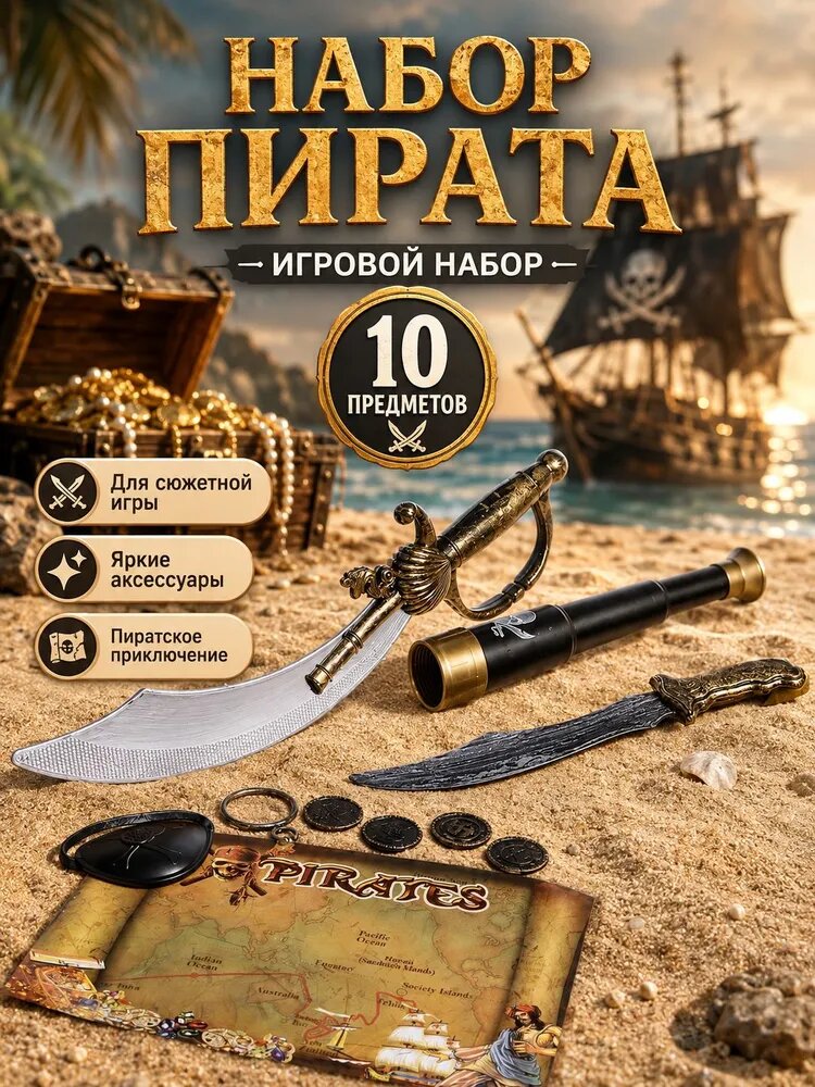 Набор пирата "Абордаж", 10 предметов, труба, сабля, монеты, карта, для детей и малышей