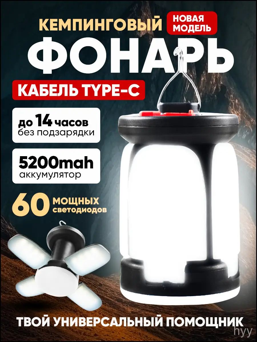 Кемпинговый фонарь аккумуляторный с зарядкой Type-C. Светодиодный фонарь для палатки, подвесной, в поход, для туризма, рыбалки, отдыха на природе