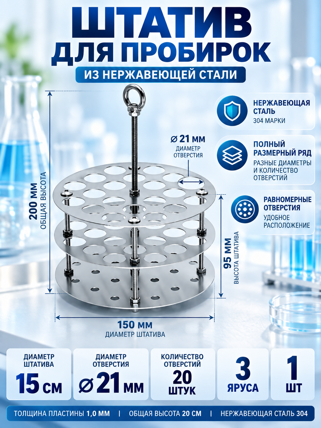 Штатив для пробирок лабораторный из стали 304, для водяной и масляной бани, круглый или квадратный