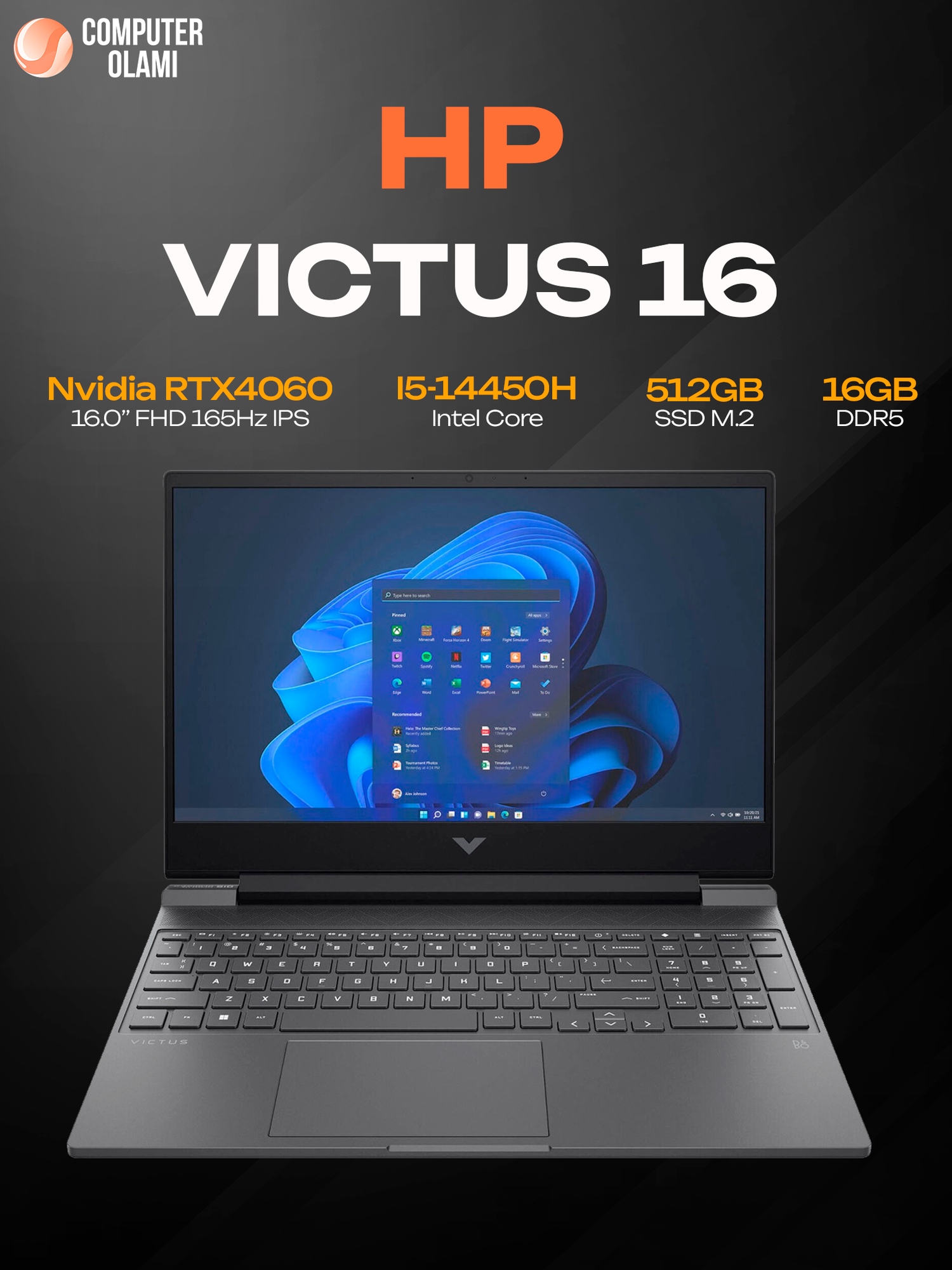 Игровой ноутбук HP Victus Gaming 16-R1711TX, i5-14450HX, 16/512 ГБ, RTX 4060 8 ГБ, 16" FHD IPS 165 Гц
