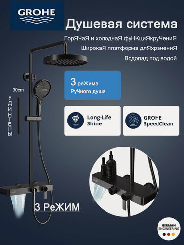 Изображение товара Grohe ручной и дождевой душ: комфортный душ для всей семьи 3 режима, черный, глянцевый