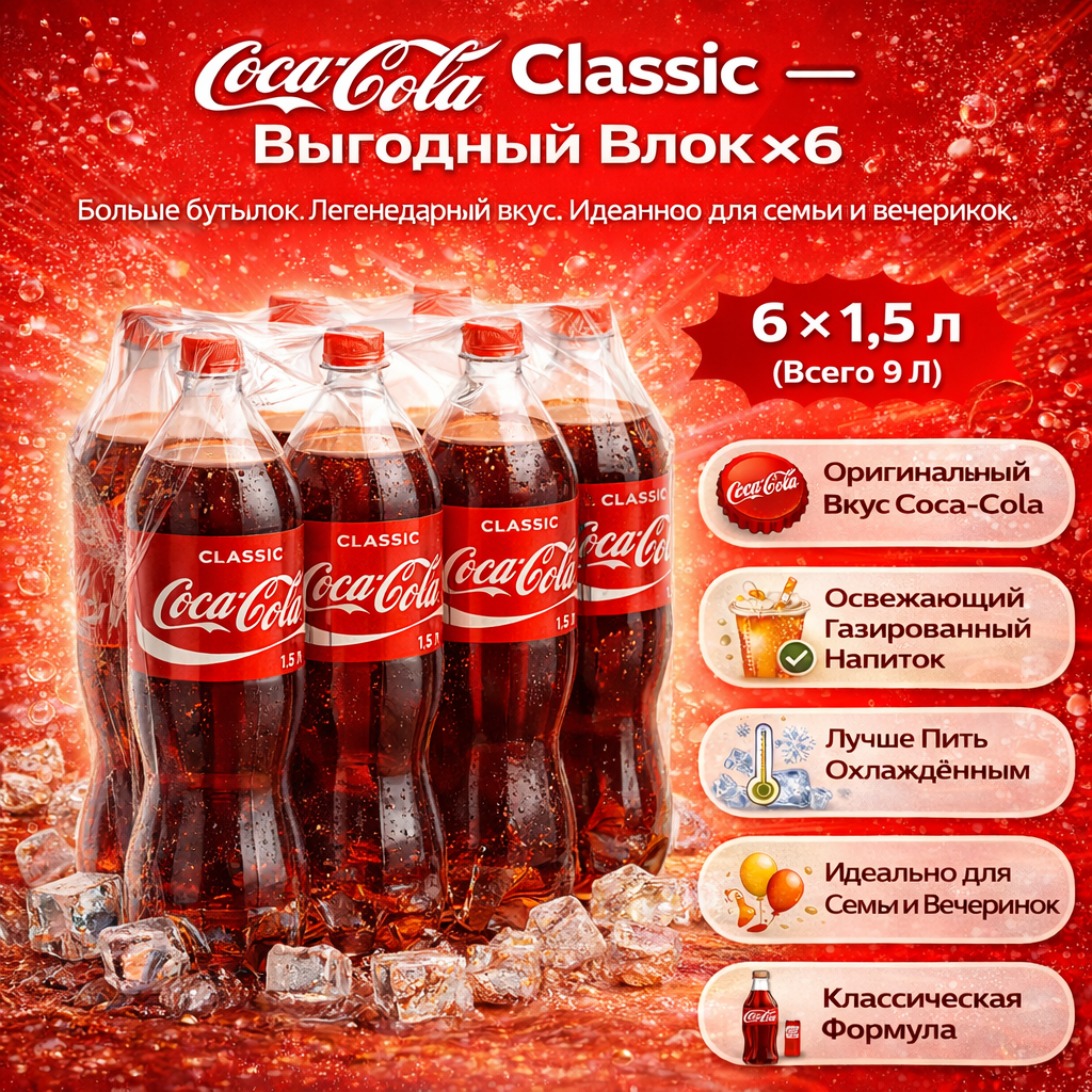 Напиток Coca-Cola Classic, газированный, сладкий, безалкогольный, 1,5 л 6 шт