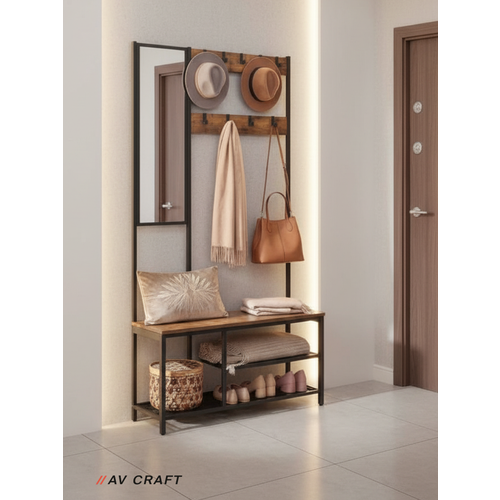 фото Вешалка напольная с зеркалом и полкой для обуви vasagle лофт, 185*98*36см av craft
