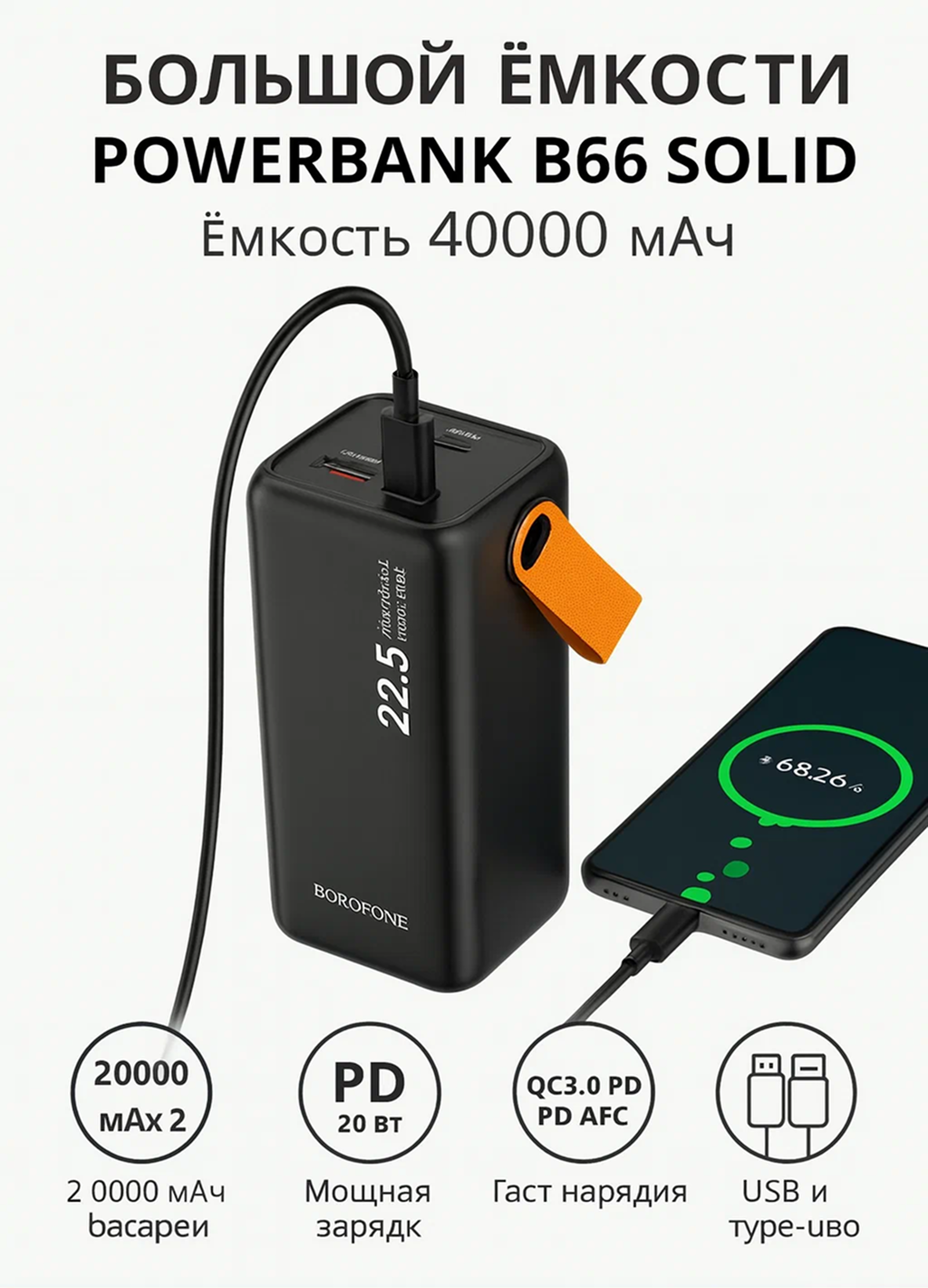 Внешний аккумулятор (Power Bank) Borofone BJ66 40000mAh, Черный