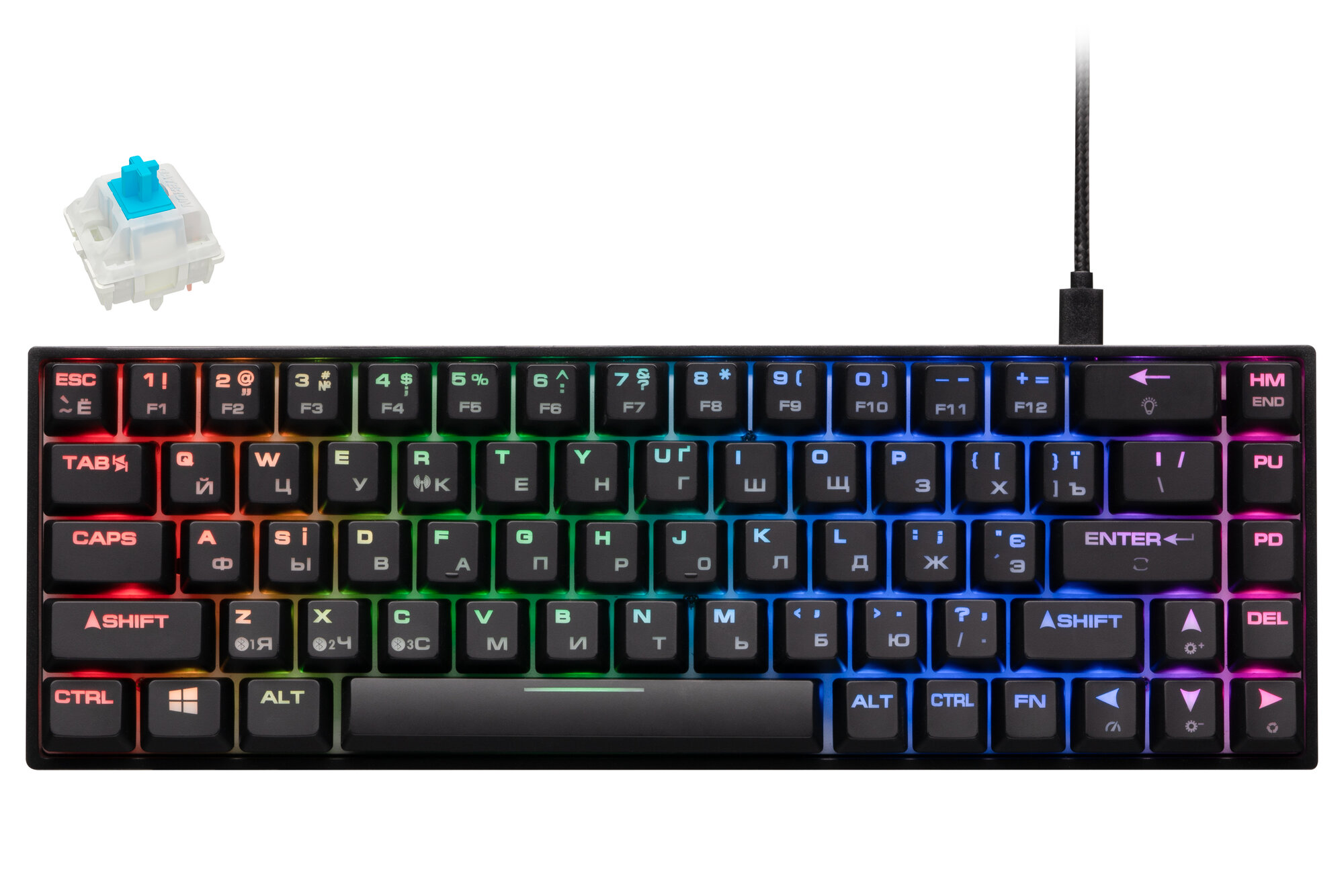 Игровая механическая клавиатура 2E GAMING KG380 RGB, 68 клавиш, Gateron Blue, Bluetooth/USB, чёрная