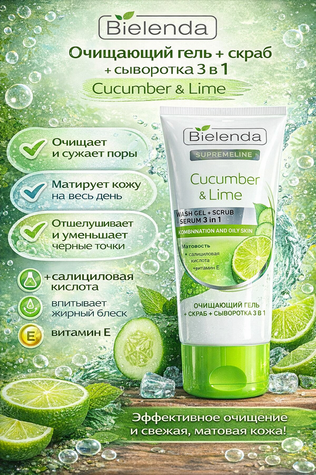 Очищающий гель + скраб + сыворотка Bielenda Cucumber & Lime (Огурец и Лайм), 3 в 1