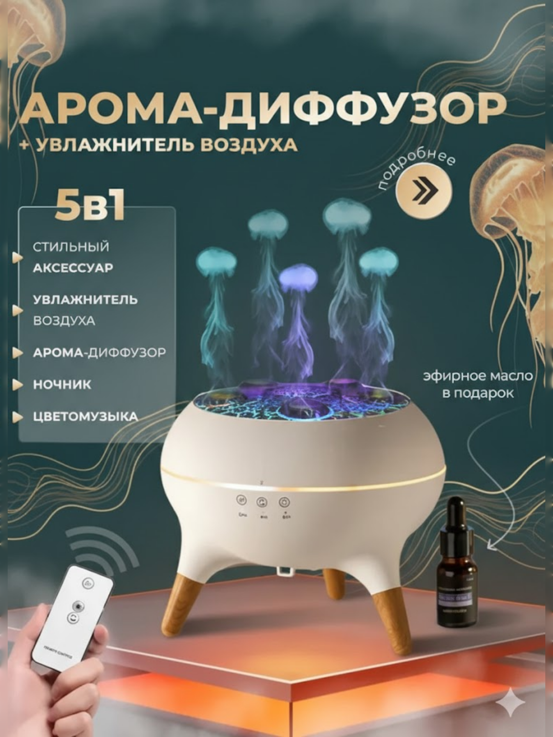 Арома-диффузор "5-в-1" от бренда , пульт, ночник, цветомузыка, увлажнитель воздуха