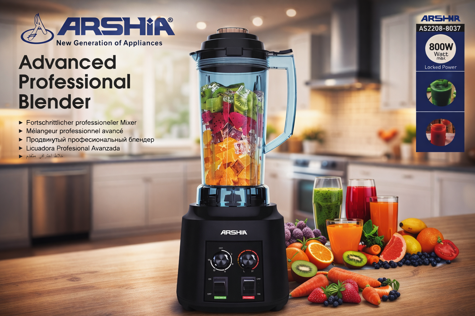 Профессиональный Блендер ARSHiA AS2208-8037, утолщенная чаша на 3-литра, 800Вт. таймер Germany technologies