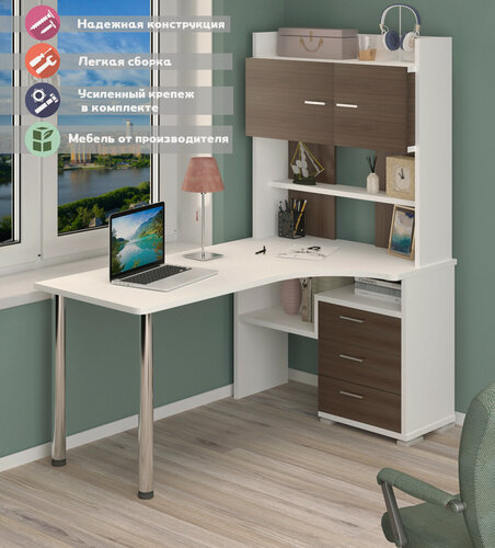 Изображение товара Стол компьютерный Мэрдэс СР-133-160 беш-прав Белый/Шамони-Ч с надстройкой